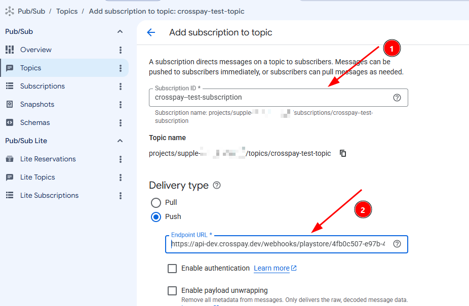 Google Cloud Pub/Sub Subscription Setup